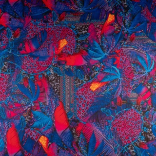 Dzianina Kimo granatowo-różowa w tropikalny wzór patchwork na metry - szer. 150 cm - 180 g/m²
