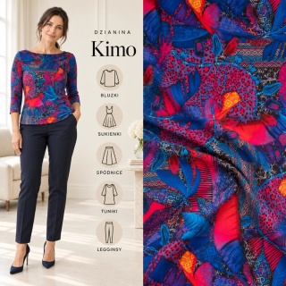 Dzianina Kimo granatowo-różowa w tropikalny wzór patchwork na metry - szer. 150 cm - 180 g/m²