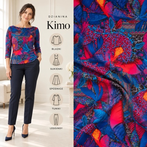 Dzianina Kimo granatowo-różowa w tropikalny wzór patchwork na metry - szer. 150 cm - 180 g/m²