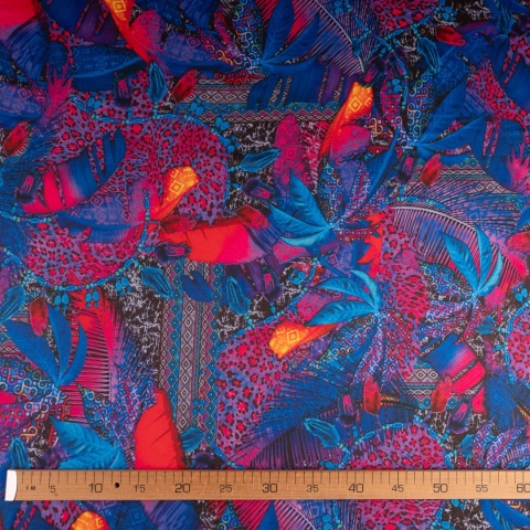 Dzianina Kimo granatowo-różowa w tropikalny wzór patchwork na metry - szer. 150 cm - 180 g/m²