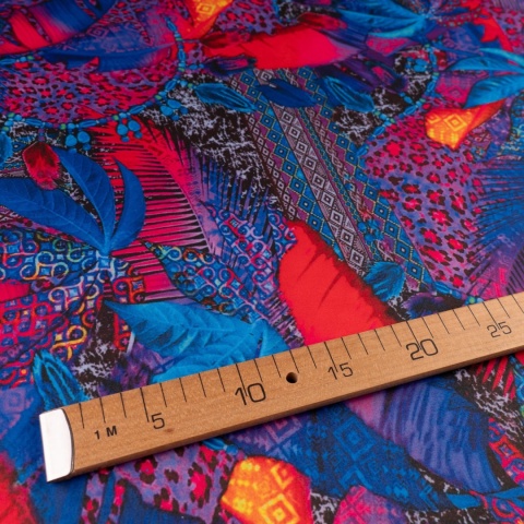 Dzianina Kimo granatowo-różowa w tropikalny wzór patchwork na metry - szer. 150 cm - 180 g/m²