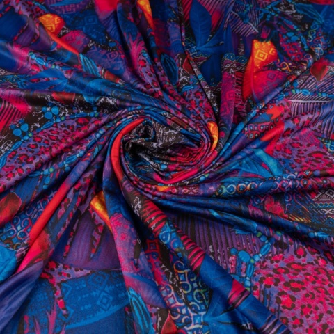 Dzianina Kimo granatowo-różowa w tropikalny wzór patchwork na metry - szer. 150 cm - 180 g/m²