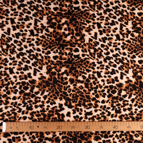 Dzianina Kimo jasnobeżowa w brązowo-czarną panterkę na metry - szer. 150 cm - 180 g/m²