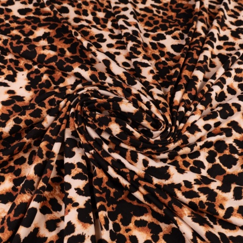 Dzianina Kimo jasnobeżowa w brązowo-czarną panterkę na metry - szer. 150 cm - 180 g/m²