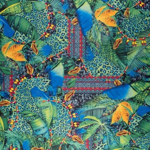 Dzianina Kimo zielono-niebieska w tropikalny wzór patchwork na metry - szer. 150 cm - 180 g/m²