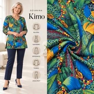 Dzianina Kimo zielono-niebieska w tropikalny wzór patchwork na metry - szer. 150 cm - 180 g/m²