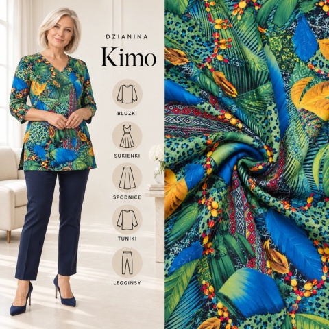 Dzianina Kimo zielono-niebieska w tropikalny wzór patchwork na metry - szer. 150 cm - 180 g/m²