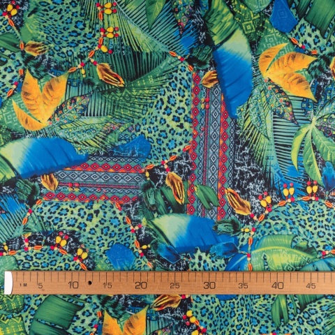 Dzianina Kimo zielono-niebieska w tropikalny wzór patchwork na metry - szer. 150 cm - 180 g/m²