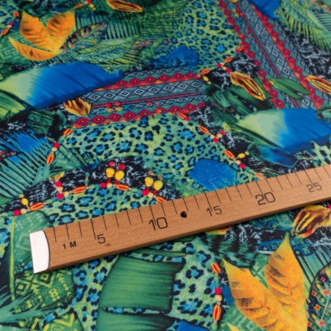 Dzianina Kimo zielono-niebieska w tropikalny wzór patchwork na metry - szer. 150 cm - 180 g/m²