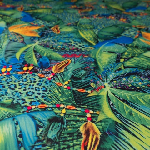Dzianina Kimo zielono-niebieska w tropikalny wzór patchwork na metry - szer. 150 cm - 180 g/m²