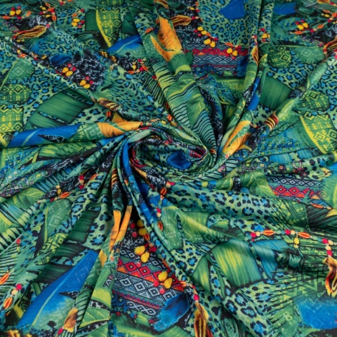 Dzianina Kimo zielono-niebieska w tropikalny wzór patchwork na metry - szer. 150 cm - 180 g/m²