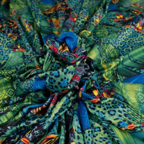 Dzianina Kimo zielono-niebieska w tropikalny wzór patchwork na metry - szer. 150 cm - 180 g/m²