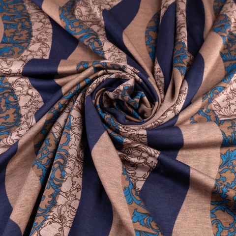 Dzianina Punto beżowo-granatowa w faliste pasy i ornamenty na metry - szer. 150 cm - 280 g/m²