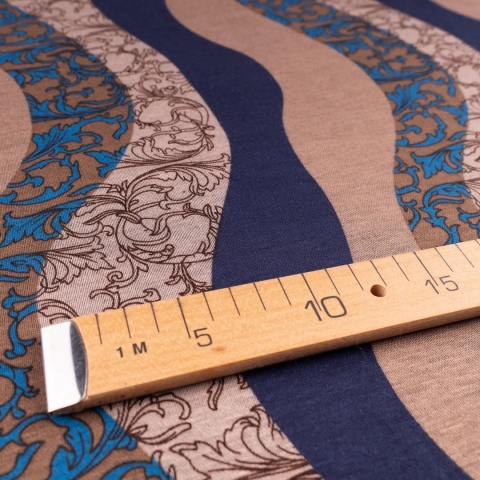 Dzianina Punto beżowo-granatowa w faliste pasy i ornamenty na metry - szer. 150 cm - 280 g/m²