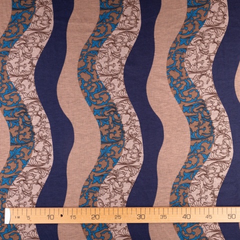 Dzianina Punto beżowo-granatowa w faliste pasy i ornamenty na metry - szer. 150 cm - 280 g/m²
