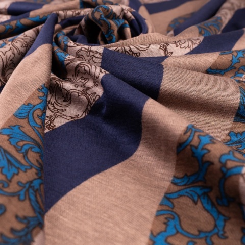 Dzianina Punto beżowo-granatowa w faliste pasy i ornamenty na metry - szer. 150 cm - 280 g/m²