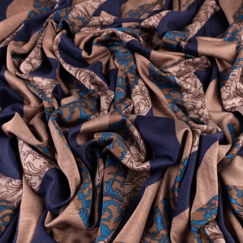 Dzianina Punto beżowo-granatowa w faliste pasy i ornamenty na metry - szer. 150 cm - 280 g/m²