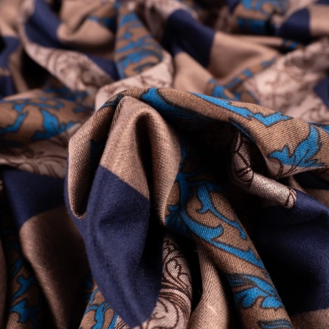 Dzianina Punto beżowo-granatowa w faliste pasy i ornamenty na metry - szer. 150 cm - 280 g/m²