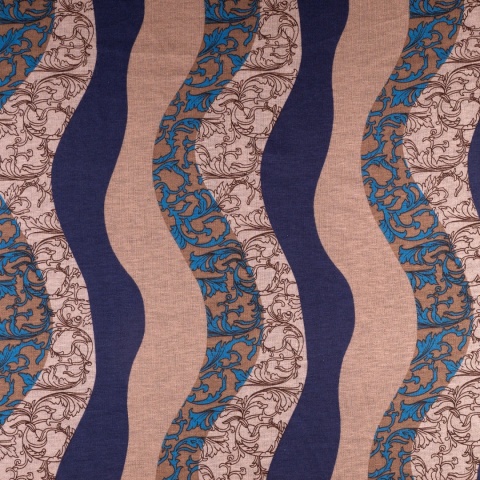 Dzianina Punto beżowo-granatowa w faliste pasy i ornamenty na metry - szer. 150 cm - 280 g/m²