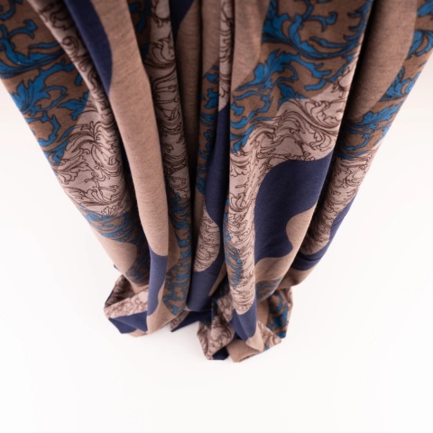 Dzianina Punto beżowo-granatowa w faliste pasy i ornamenty na metry - szer. 150 cm - 280 g/m²
