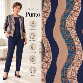 Dzianina Punto beżowo-granatowa w faliste pasy i ornamenty na metry - szer. 150 cm - 280 g/m²