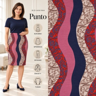 Dzianina Punto różowo-granatowa w faliste pasy i ornamenty na metry - szer. 150 cm - 280 g/m²
