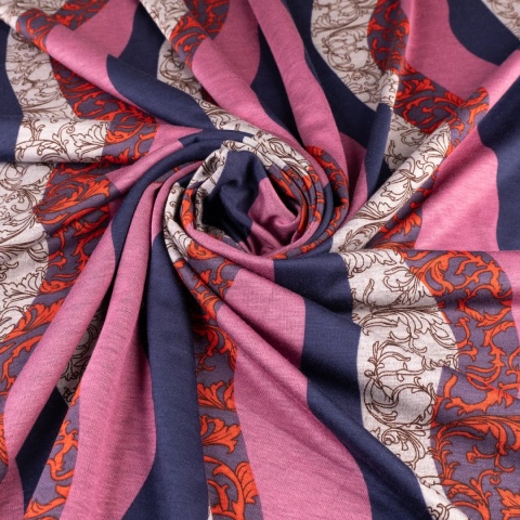 Dzianina Punto różowo-granatowa w faliste pasy i ornamenty na metry - szer. 150 cm - 280 g/m²