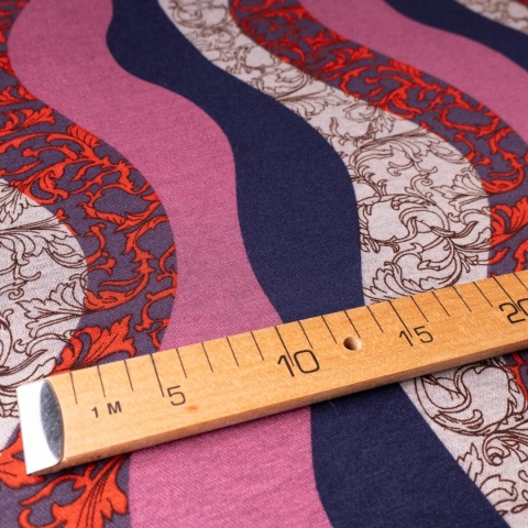 Dzianina Punto różowo-granatowa w faliste pasy i ornamenty na metry - szer. 150 cm - 280 g/m²