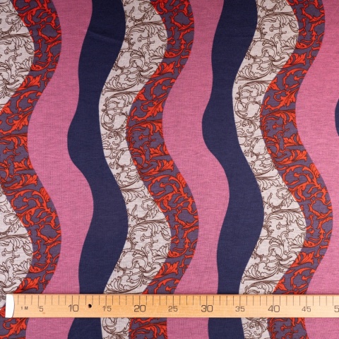 Dzianina Punto różowo-granatowa w faliste pasy i ornamenty na metry - szer. 150 cm - 280 g/m²