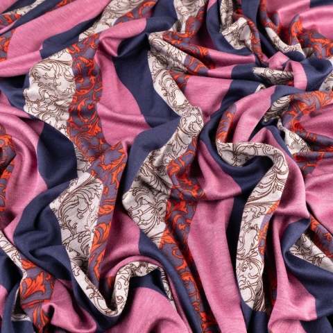 Dzianina Punto różowo-granatowa w faliste pasy i ornamenty na metry - szer. 150 cm - 280 g/m²