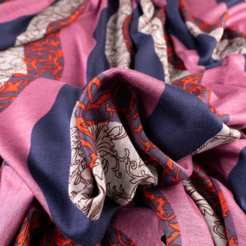 Dzianina Punto różowo-granatowa w faliste pasy i ornamenty na metry - szer. 150 cm - 280 g/m²