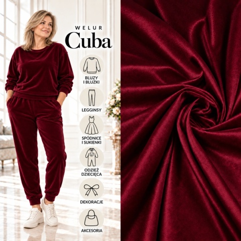 Dzianina Welur Cuba bordowa na metry - szer. 150 cm - 280 g/m²