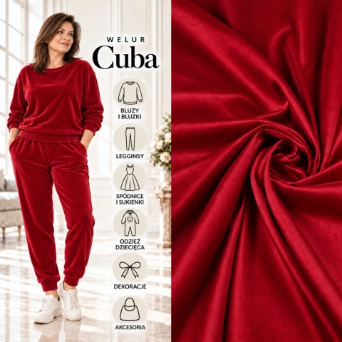 Dzianina Welur Cuba czerwona na metry - szer. 150 cm - 280 g/m²