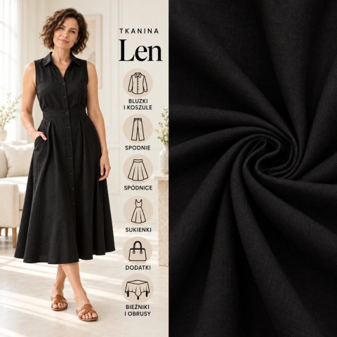 Tkanina len z wiskozą czarna na metry - szer. 150 cm - 200 g/m²