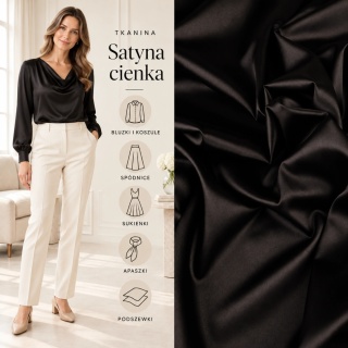 Tkanina Satyna cienka czarna na metry - szer. 150 cm - 180 g/m²