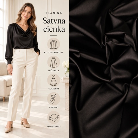 Tkanina Satyna cienka czarna na metry - szer. 150 cm - 180 g/m²