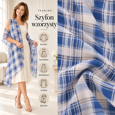Tkanina Szyfon biały w dużą kratę niebiesko-granatową na metry - szer. 150 cm - 90 g/m²