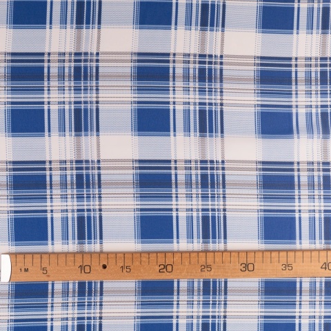 Tkanina Szyfon biały w dużą kratę niebiesko-granatową na metry - szer. 150 cm - 90 g/m²