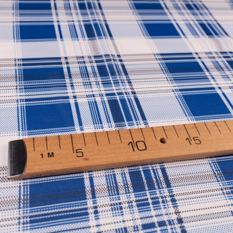Tkanina Szyfon biały w dużą kratę niebiesko-granatową na metry - szer. 150 cm - 90 g/m²