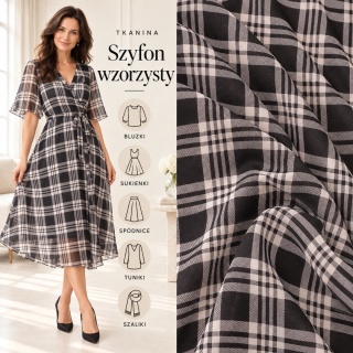 Tkanina Szyfon czarno-biały w szkocką kratę na metry - szer. 150 cm - 90 g/m²