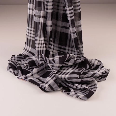 Tkanina Szyfon czarno-biały w szkocką kratę na metry - szer. 150 cm - 90 g/m²