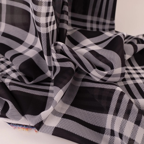 Tkanina Szyfon czarno-biały w szkocką kratę na metry - szer. 150 cm - 90 g/m²