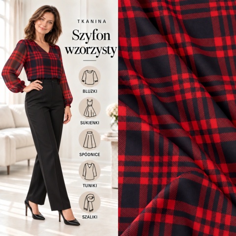 Tkanina Szyfon czerwono-czarny w szkocką kratę na metry - szer. 150 cm - 90 g/m²