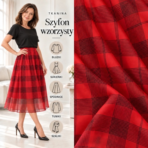 Tkanina Szyfon czerwony w dużą czarną kratę na metry - szer. 150 cm - 90 g/m²