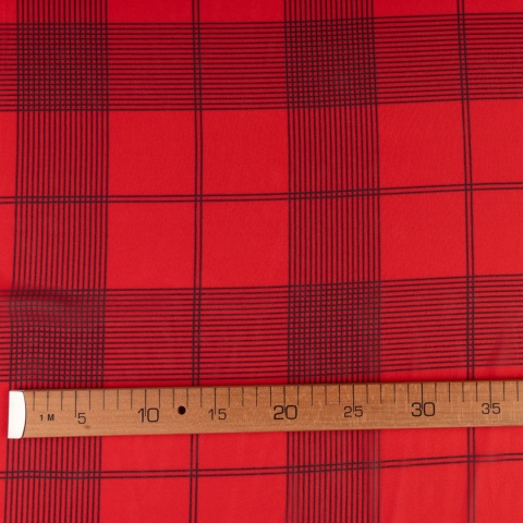 Tkanina Szyfon czerwony w dużą czarną kratę na metry - szer. 150 cm - 90 g/m²