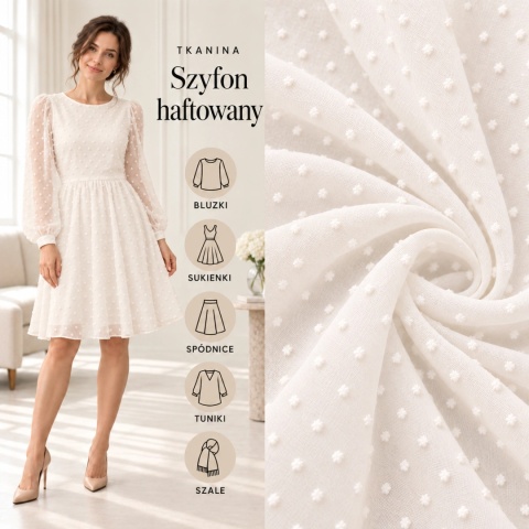Szyfon haftowany ecru w drobne kropki na metry - szer. 150 cm - 90 g/m²