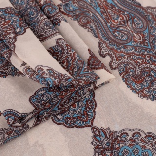 Tkanina Szyfon kremowy paisley błękitno-rdzawy na metry - szer. 150 cm - 90 g/m²