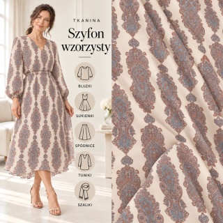 Tkanina Szyfon kremowy paisley błękitno-rdzawy na metry - szer. 150 cm - 90 g/m²