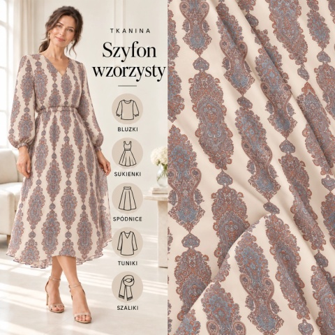 Tkanina Szyfon kremowy paisley błękitno-rdzawy na metry - szer. 150 cm - 90 g/m²