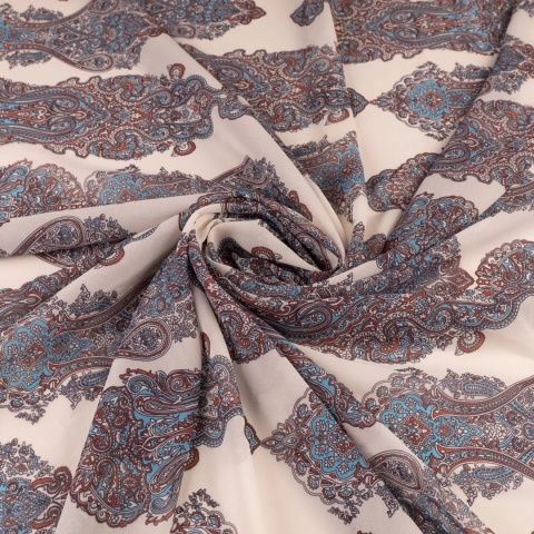 Tkanina Szyfon kremowy paisley błękitno-rdzawy na metry - szer. 150 cm - 90 g/m²